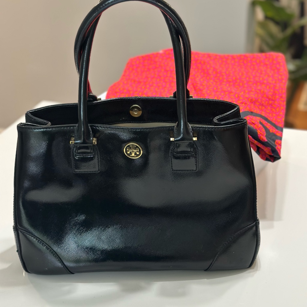 Vintage Tory Burch Navy Saffiano Leather Tote Gold Hardware + Dust Bag